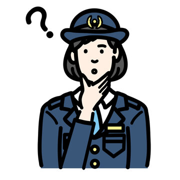 recommend clip art: 顎に手をあてて考えている警察官の女性
                    