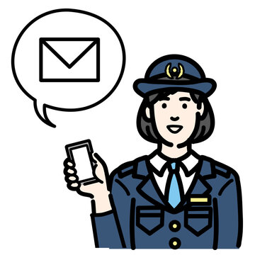 recommend clip art: スマートフォンを持ってメールの説明をしている警察官の女性
                    