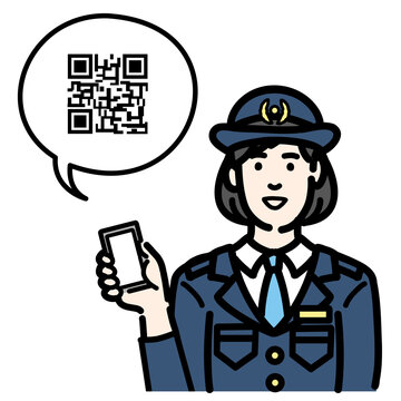 recommend clip art: スマートフォンを持ってQRコードの説明をしている警察官の女性
                    