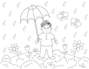 coloring page for kids of a cute little boy under the rain. you can print it on standard 8.5x11 inch paper
