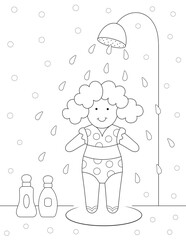 coloring page for kids of a cute little girl taking a shower. cute and simple design in black and white 
