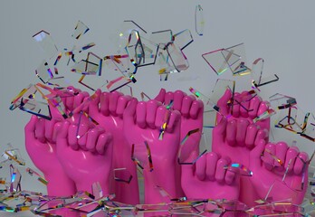 3D illustration of raised pink fists. Concept of feminist movement. - obrazy, fototapety, plakaty