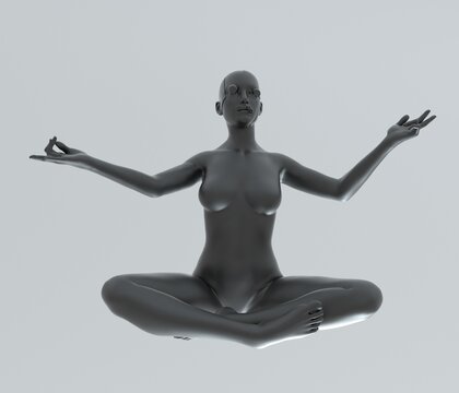 Abstract surreal 3d illustration of a woman statue sitting in a lotus pose.