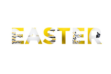 The word easter on a white background. Eggs in white, black and gold colors inside the letters.