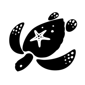recommend clip art: Black sea turtle drawing with starfish on back, turtle symbol swimming on white background.