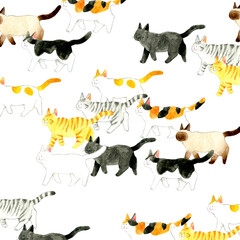 かわいい猫の背景素材　色々な柄の歩く猫の手描き水彩イラスト
