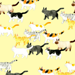 かわいい猫の背景素材　色々な柄の歩く猫の手描き水彩イラスト