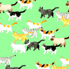 かわいい猫の背景素材　色々な柄の歩く猫の手描き水彩イラスト