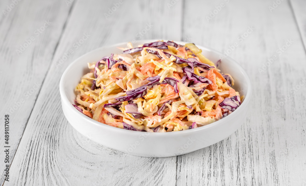 Sticker bowl of coleslaw salad