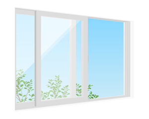 Vector illustration of window with grass and sky isolated on background.