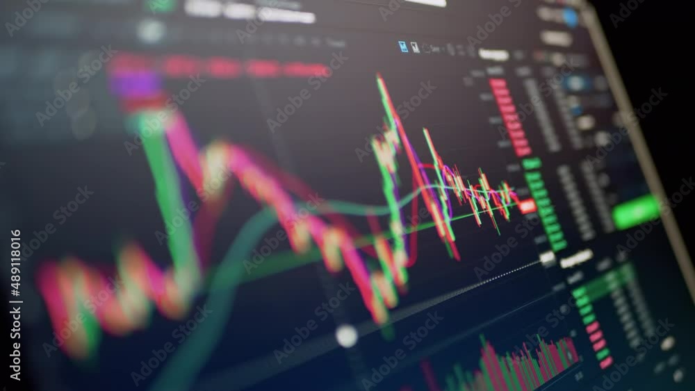 Poster trader analyzes candlestick chart of movement of cryptocurrency on screen pc. online viewing of cryp
