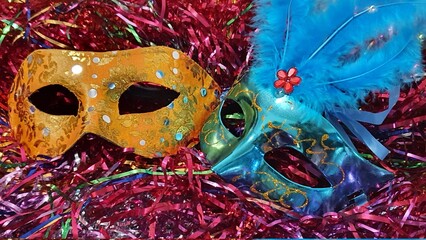 Carnival masks on colored background. Carnival costume.