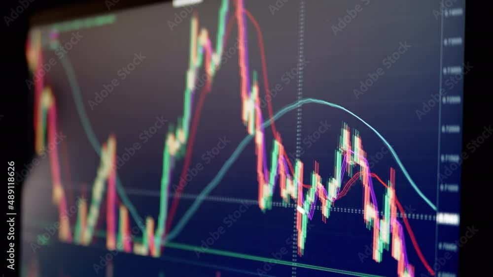 Aufkleber trader analyzes candlestick chart of movement of cryptocurrency on screen pc. online viewing of cryp