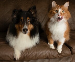 cat and dog shetland sheepdog together on couch funny face