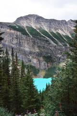 Beautiful view of part of lake Louise from mountain trail