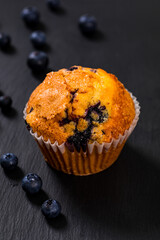 Muffins with Blueberries on Black Chalkboard with Copy Space. Selective focus.

