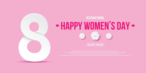 8 March International Women's Day. Happy Mother's Day. holiday background number 8 march paper cut style  with paper cut style flowers , Pink background. posters, gift cards, discounts and sales.