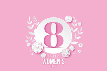 8 March greeting card for International Womens Day. 3d paper cut number 8 with paper cut style flowers and circle, Pink background. Vector illustration.