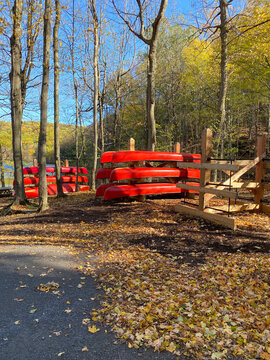 Canots rouges sur supports en bois. For&ecirc;t en automne. Location d'embarcation nautique, cano&euml; de rivi&egrave;re, rabaska dans un parc national. Centre de plein air, camping et p&ecirc;che.