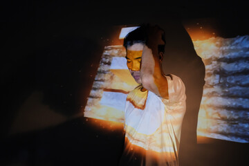 Light painting portrait, light drawing on projector beam exposure. Interesting and fantastic...