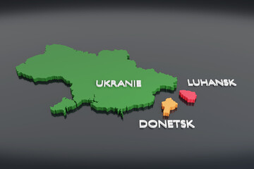3d map of Ukraine and the two independent regions Donetsk and Luhansk. 3d illustration.