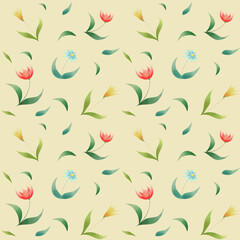 Flowers seamless pattern. Different flowers on a yellow background.