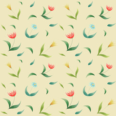 Flowers seamless pattern. Different flowers on a yellow background.