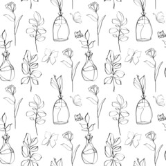 Hand drawn flower bouquet in a vase and line art magnolia seamless pattern. Cute kids seamless design for fabric, texile print, dress print. Hand drawn floral wreath on white background