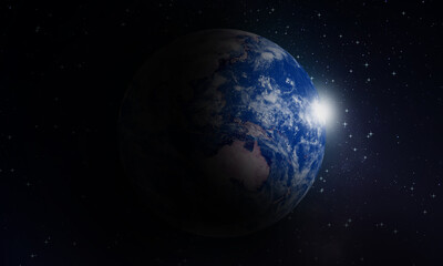 Realistic Earth Planet in dark outer Space. Earth Globe with dark and Bright sides in a Starry universe endless sky 