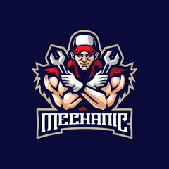Mechanic mascot logo design vector with concept style for badge, emblem and t shirt printing. Strong mechanic illustration.