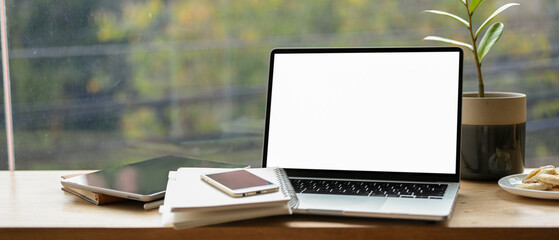 Tablet, smartphone and laptop white screen mockup.