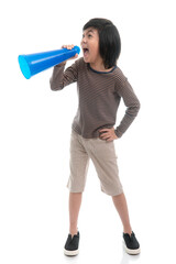 Cute Asian child with blue  loudspeaker on white background isolated