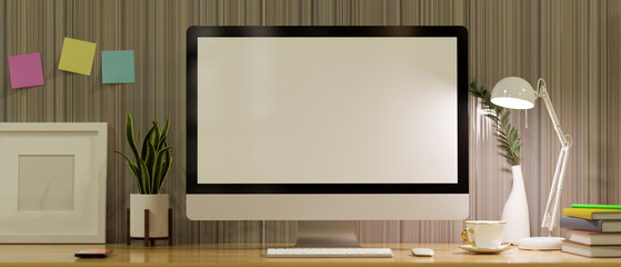 Modern contemporary home office workspace interior with close-up, pc desktop computer