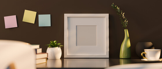 Blank picture photo frame mockup with home accessories over brown wall