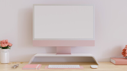 Minimal feminine office desk workspace in pink and white interior design