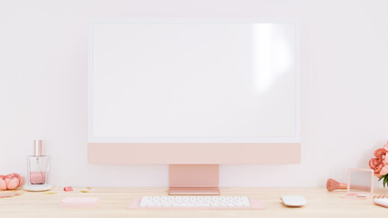 Girl workspace with pastel pink computer white screen mockup