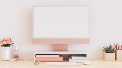 Stylish pink office workspace design with pastel pink pc computer
