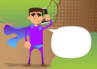 Funny cartoon man dressed as a superhero talking on cell phone. Vector illustration. Mobile Communication Concept.