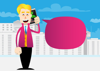 Funny cartoon man dressed for winter talking on cell phone. Vector illustration. Mobile Communication Concept.