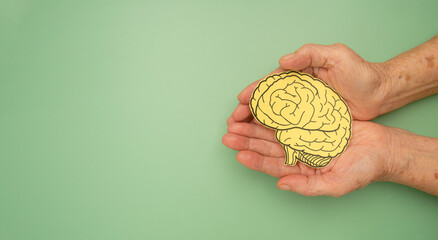 Brain shape made from paper on a palm senior woman on a green background
