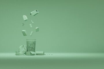 Different types of trash on green background. Recycling concept. Garbage container. Trash. Earth protection. Waste management concept.  3d Rendering
