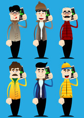 Funny cartoon man dressed for winter talking on cell phone. Vector illustration. Mobile Communication Concept.