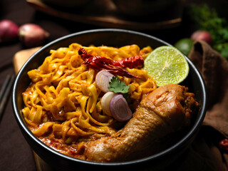 Close-up, Tasty Khao Soi Kai, Spicy and hot yellow curry noodles