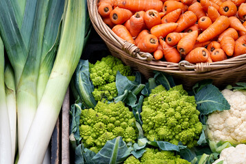 Fresh vegetables (leeks, carrots, romanesco and cauliflowers)