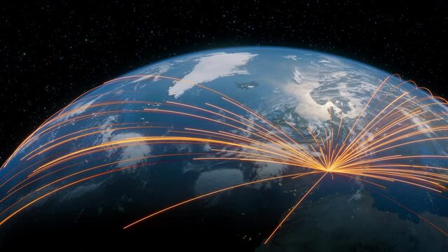 Earth in Space. Orange Lines connect Barcelona, Spain with Cities across the World. Global Travel or Communication Concept.