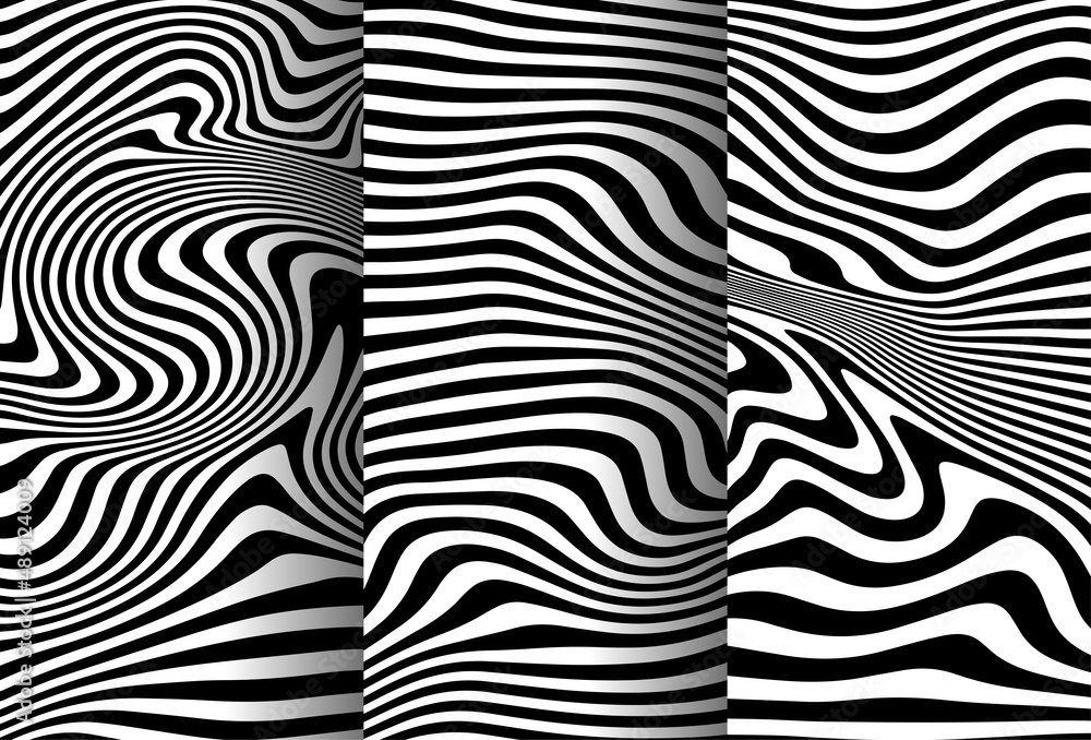 Poster a set abstract rippled or black lines pattern with wavy vibrant facture on white background and text