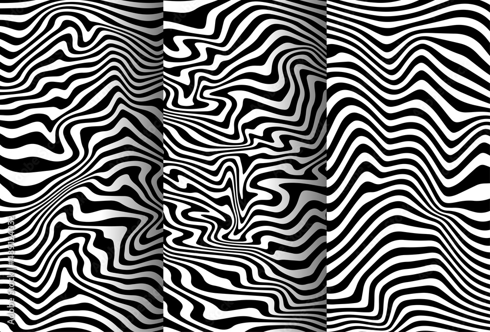 Poster a set abstract rippled or black lines pattern with wavy vibrant facture on white background and text