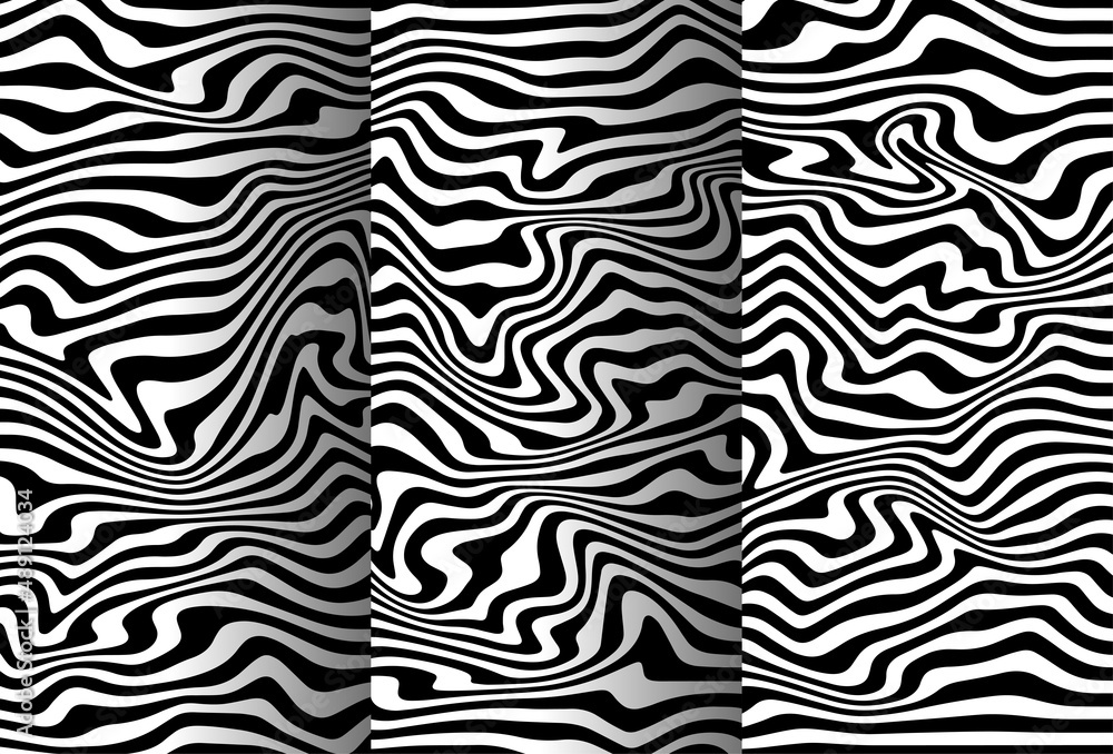 Poster a set abstract rippled or black lines pattern with wavy vibrant facture on white background and text