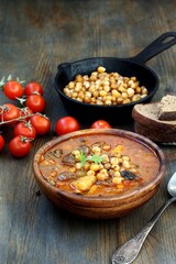 CHICKPEA AND BEEF STEW, soup with chickpeas and meat, hearty chowder, latin cuisine