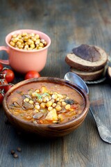CHICKPEA AND BEEF STEW, soup with chickpeas and meat, hearty chowder, latin cuisine